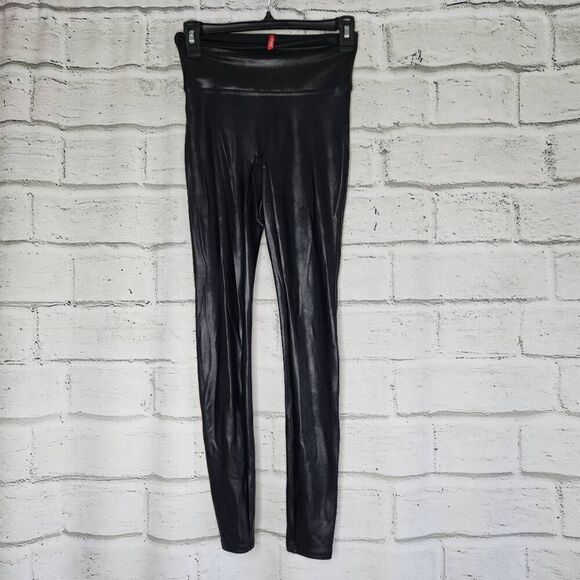 Spanx Womens Black Stretchy Glossy Lightweight Faux Leather Leggings Size Small